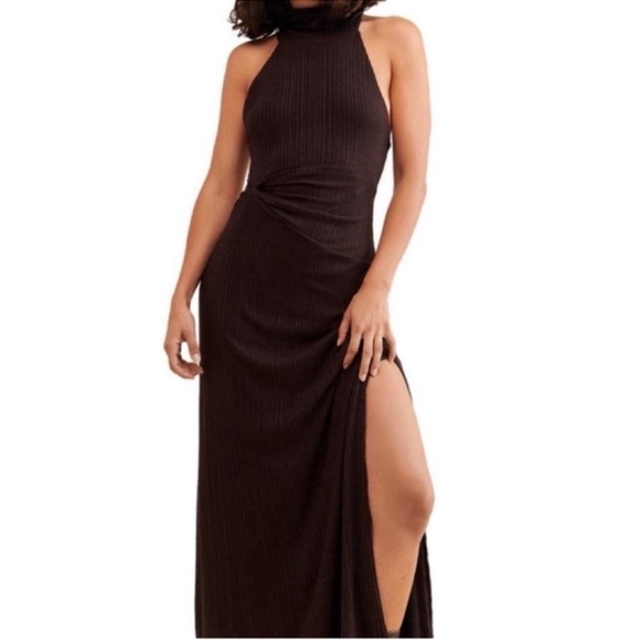 🆕 Whimsigoth Free People ATHEA Maxi Dress Brown Stretch Slip Sexy Slit Layer - Picture 11 of 15
